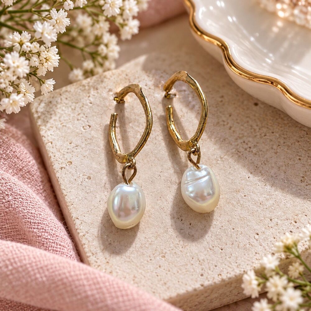 Gold Tone Baroque Pearl Drop Hoop Earrings Dangle Coastal Minimalist Jewelry